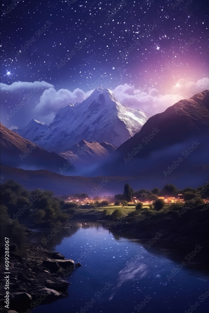 Beautiful view of glowing stars on the sky with mountains and river. Generative AI