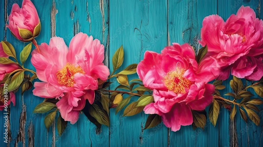 Peony flowers on wooden planks background. Beautiful blooming plants. Generative AI