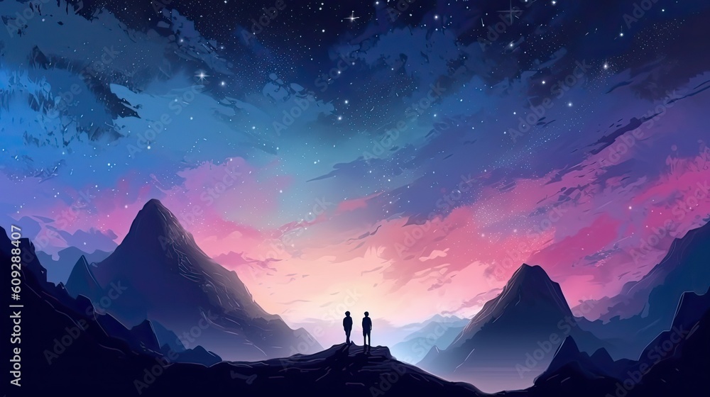 Silhouette of two hikers were standing at the top of the mountain looking at the stars. Generative AI