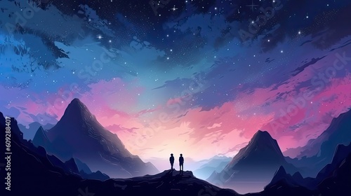 Silhouette of two hikers were standing at the top of the mountain looking at the stars. Generative AI