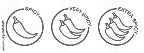 Spicy, very spicy and extra spicy icon set, simple labels for hot food, chili pepper icons in a circle and with round text.
