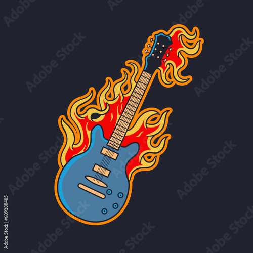 Hand drawn illustration of a guitar with fire