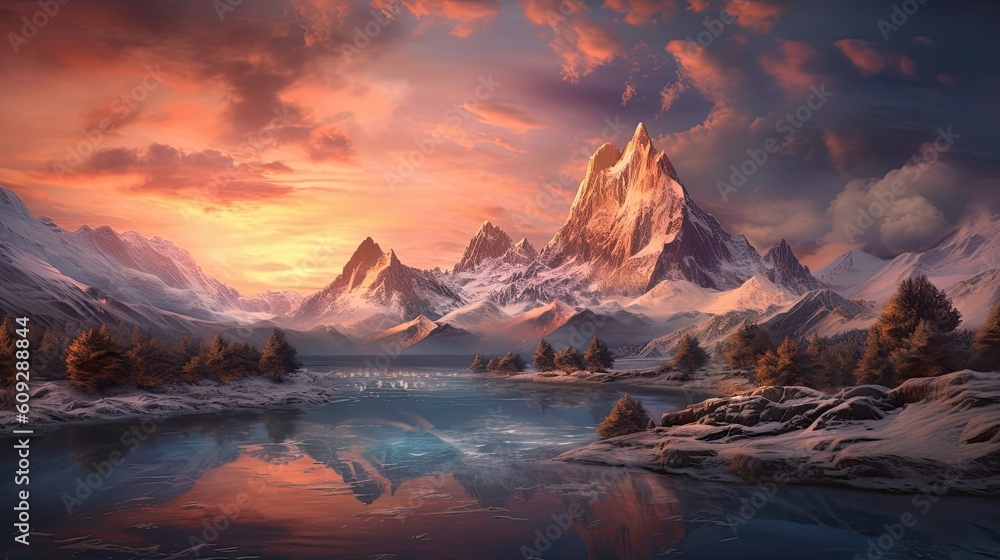 Majestic view of rocky mountains covered with snow near frozen lake under cloudy sunset sky. Generative AI