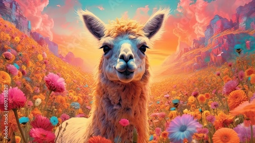 Lama in field of wild flowers. Generative AI