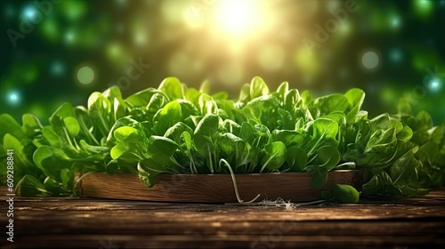 Arugula fresh organic vegetable on rustic wooden background. Generative AI