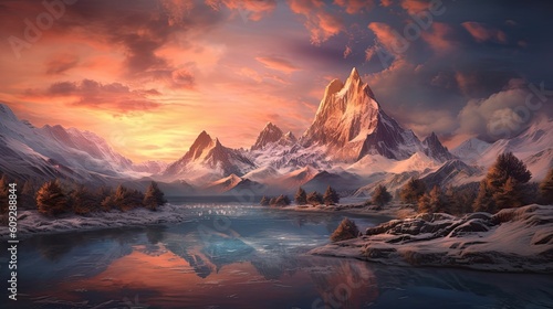 Majestic view of rocky mountains covered with snow near frozen lake under cloudy sunset sky. Generative AI © tanyastock
