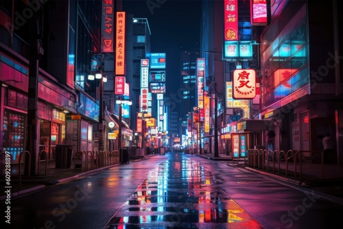 A night of the neon street at the downtown in Tokyo generative ai