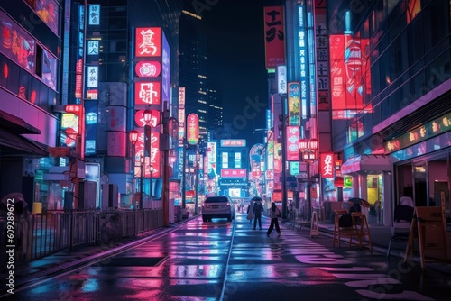 A night of the neon street at the downtown in Tokyo generative ai