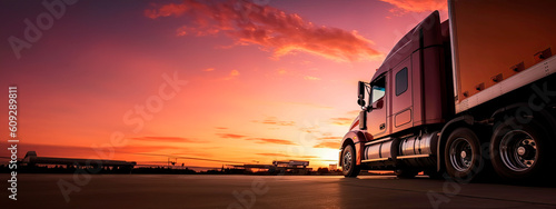 Semi TrailerTrucks Parked with The Sunset Sky. Shipping Cargo Container. Generative AI