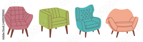 Set of armchairs in trendy, modern style. Living room and patio furniture.