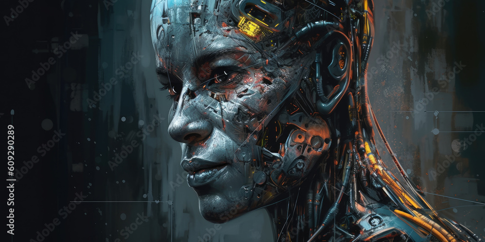 Cyborg woman. Ai robot sci-fi technology paining style illustration created with generative ai