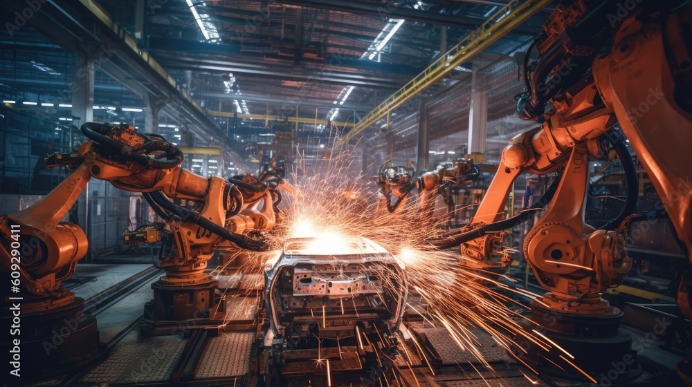 Robots welding in Automobile assembly line production. Heavy industry. Artificial intelligence, Generative AI.