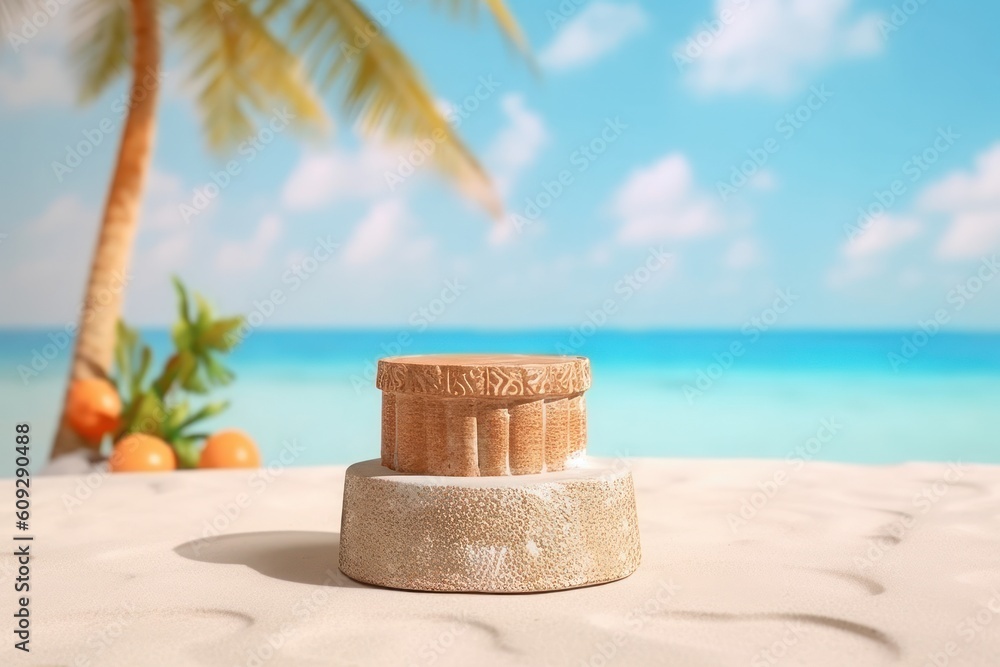 Wooden podium on sandy beach against blurred background. Summer vacation concept, generative Ai