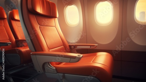 Interior of airplane with seats and window view. 3d rendering, generative Ai