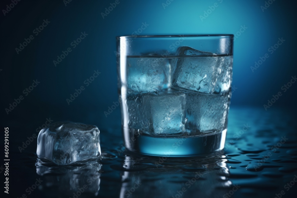 Glass of whiskey with ice cubes on dark blue background, closeup, generative Ai Glass of whiskey with ice cubes on dark blue background, closeup, generative Ai