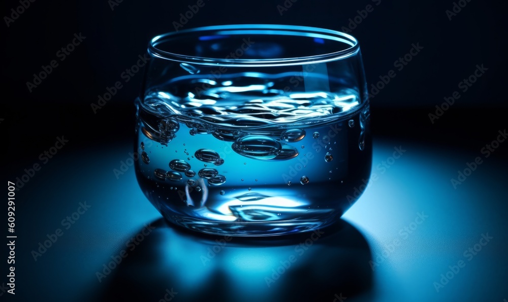Glass of water with bubbles on dark blue background, close-up, generative Ai