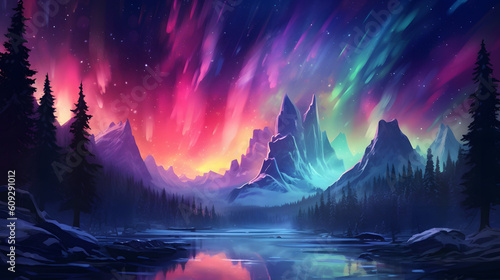 A shimmering  ethereal aurora casting vibrant hues across a celestial landscape created with Generative AI technology