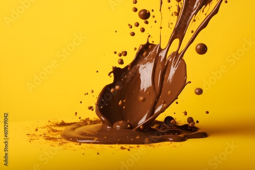 A chocolate splash on yellow background. Generative AI