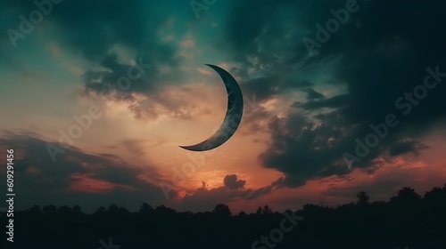 A crescent moon in the night sky. Generative AI © Canities