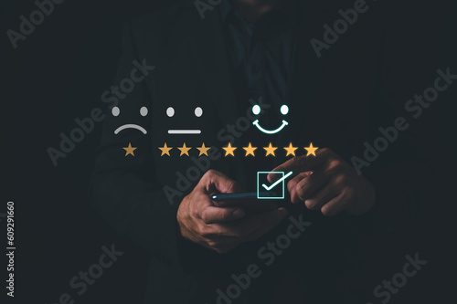 customer satisfaction rating Quality of Service Surveys Leading to Business Reputation Scores Five star smiley and popup icon Product and Service Satisfaction Surveys