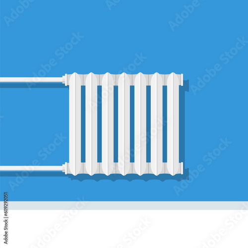 Heating battery. Home radiator and two supply pipes. Vector illustration flat design. Isolated on white background.