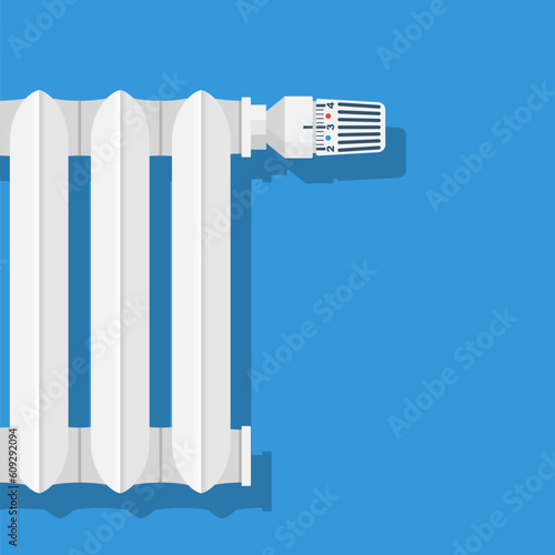 Thermostat controller in the house. Heating thermostat. Adjusting radiator temperature. Vector illustration flat design. Isolated on white background.