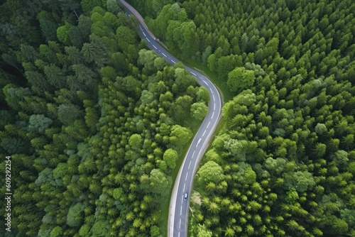 road in wood, view from the drone