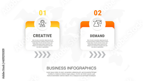 Infographic template with two steps. Vector rectangular graphic with arrows and place for text and icons, process, workflow, chart, and options on white background