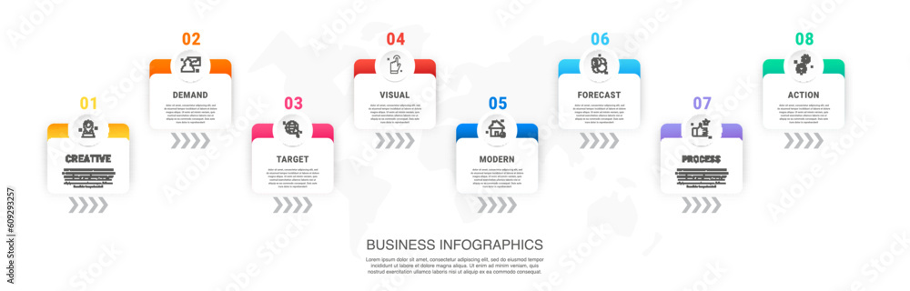 Eight rectangular vector line cards in a horizontal row. The modern concept of business model with 8 steps and icons. Minimal infographics design template. Flat illustration. Eight rectangular vector line cards in a horizontal row. The modern concept of business model with 8 steps and icons. Minimal infographics design template. Flat illustration.