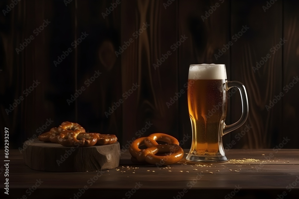A glass of beer with pretzels on a wooden table A glass of beer with pretzels on a wooden table
