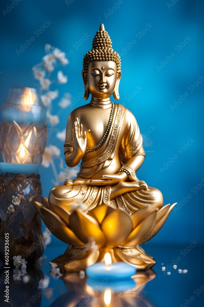 A golden buddha statue with candle and lotus flower on blue background