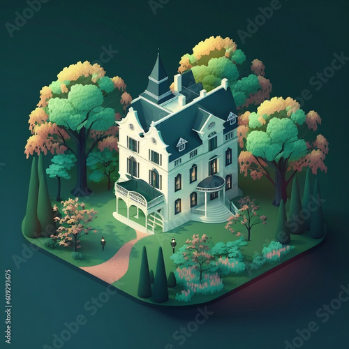 Isometric white castle in the park