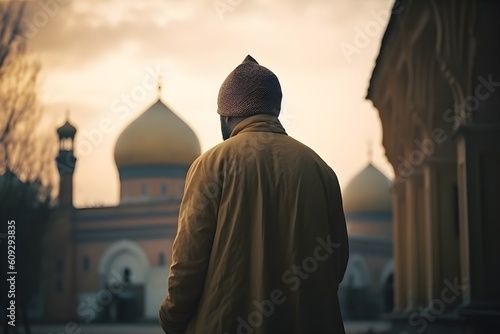 A muslim man looks out of mosque