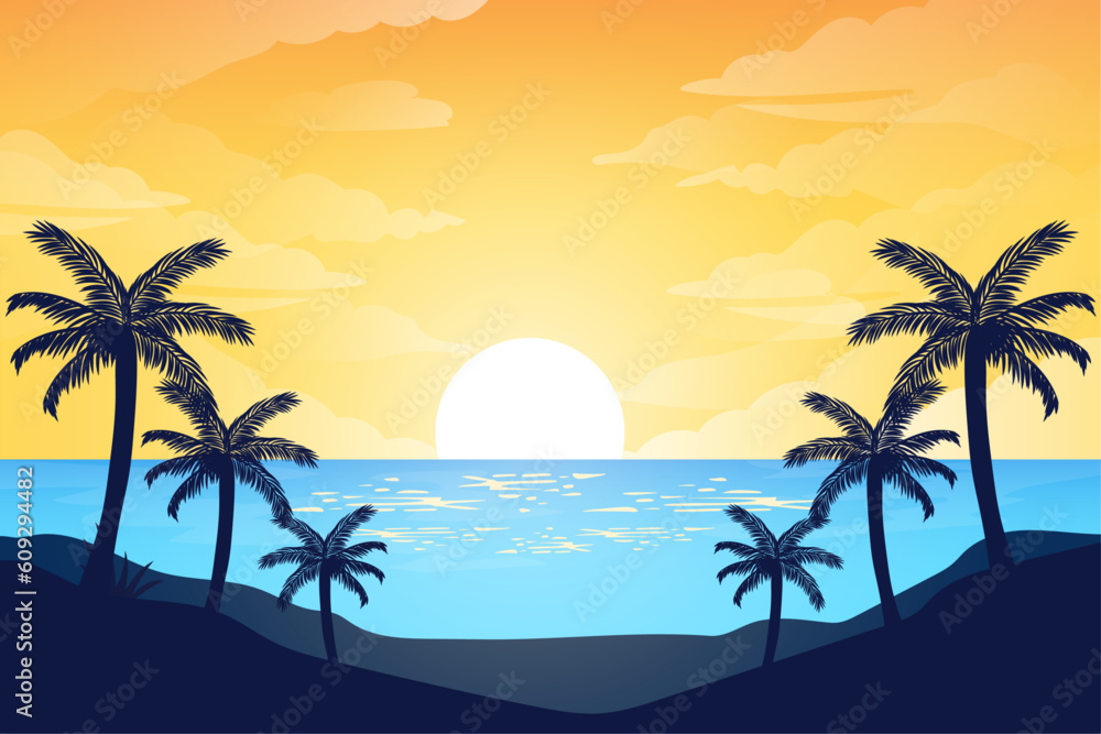 Colorful palm silhouettes beach landscape