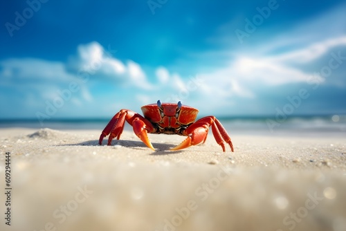 A red crab on a beach with the blue sky in the background