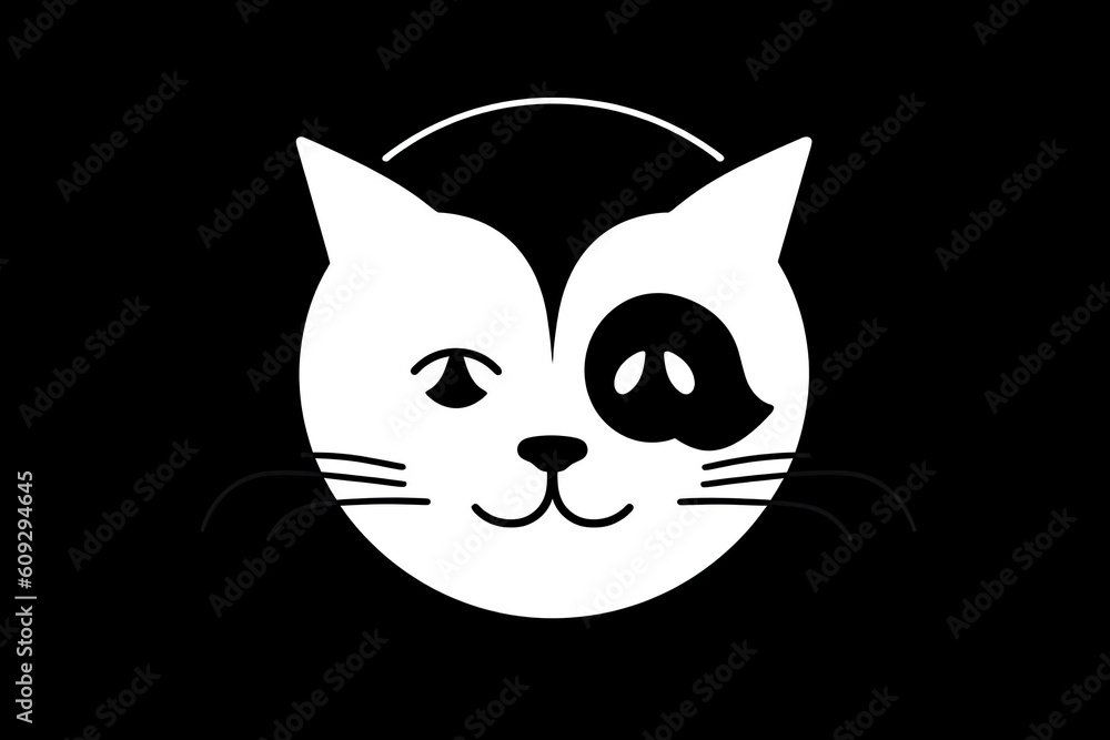 Cat and dog yin yang symbol. Simple, minimal cartoon white dog and black cat face.AI Generative