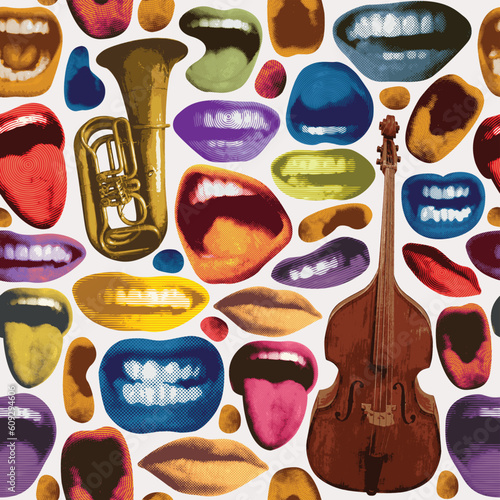 Seamless pattern with colored lips that smile and show tongue and white teeth and double bass with trumpet. Bright vector background with laughing, surprised, excited, angry, singing