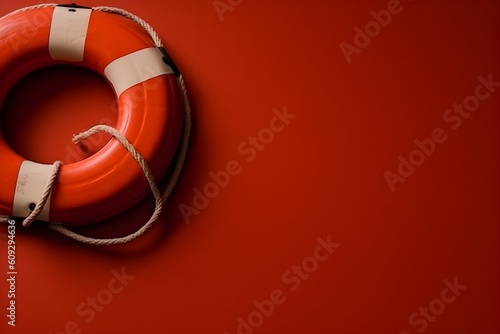A red lifebuoy on red background with copyspace