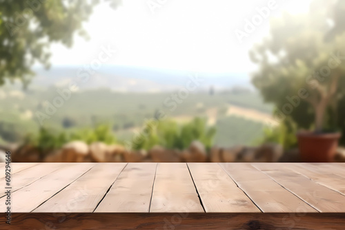 wooden table in garden over the Italian countryside for display, digital art, generative AI