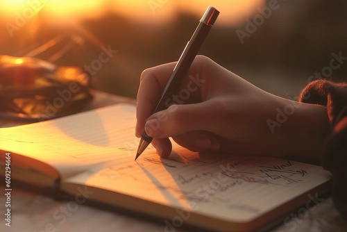 Hands writing pencil sunset. Generate Ai photo