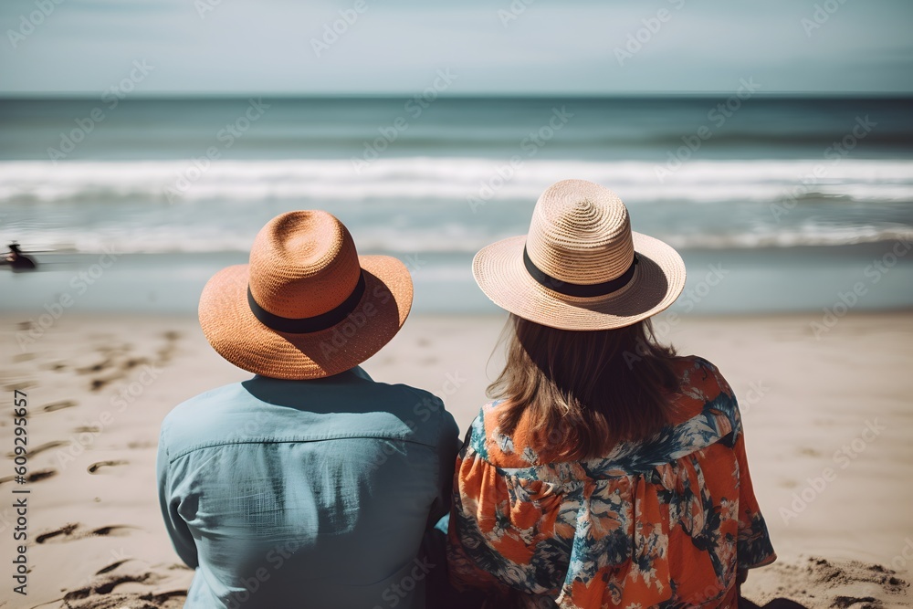 Back view of couple sitting on a beach wearing hats