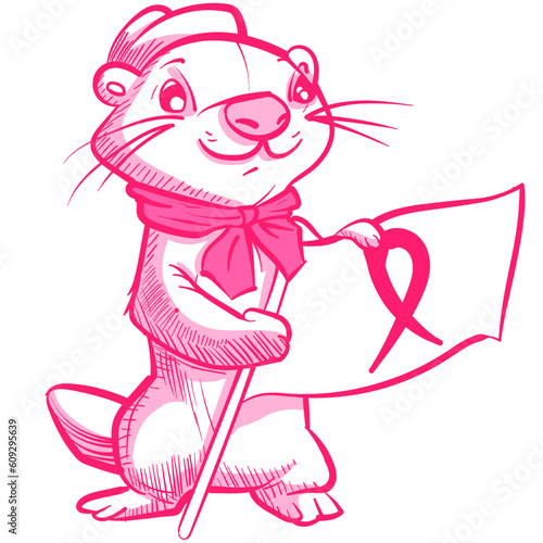 Conceptual art of an otter cartoon character holding a breast cancer awareness ribbon. Pink mascot supporting a medical cause.