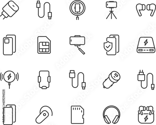 Vector set of mobile accessories line icons. Contains icons charging, case, tripod, cable, headphones, sim card, power bank, bluetooth headset and more. Pixel perfect.