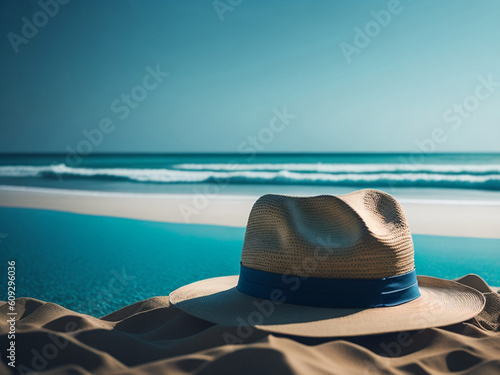 Straw hat on the beach with blue sea and sky background. AI generated.