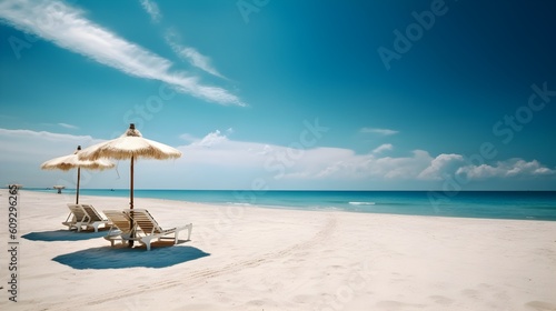 Beach chairs and umbrellas on a tropical beach