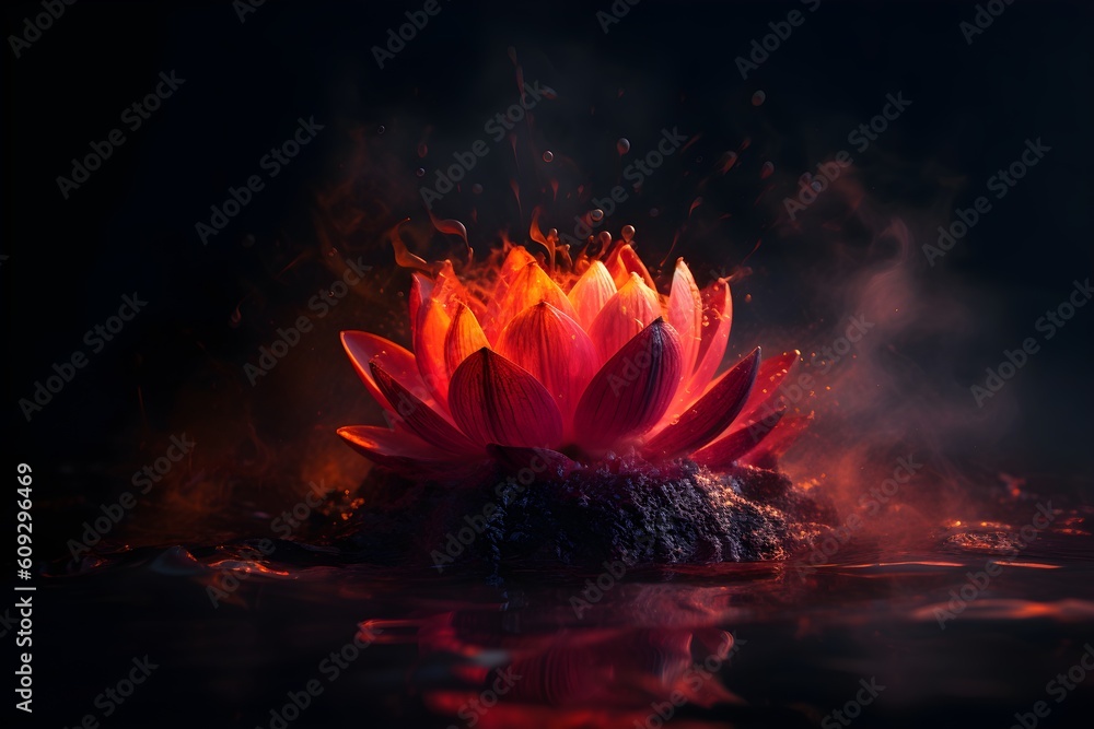 Beautiful lotus flower in water with smoke on black background - obrazy, fototapety, plakaty 