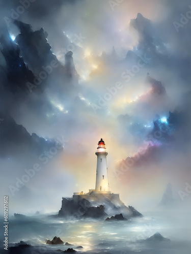 Lighthouse in the sea, painting. AI generated illustration