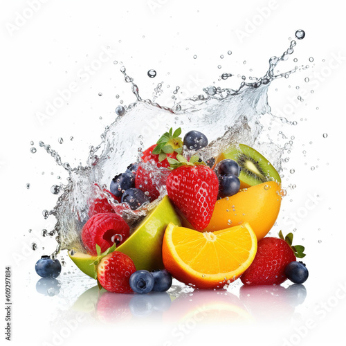 Fresh fruits in water splash. Generative AI