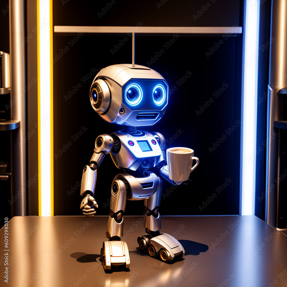 コーヒーカップを持ってこちらを見ているロボット Robot looking at us with a cup of coffee.generative AI