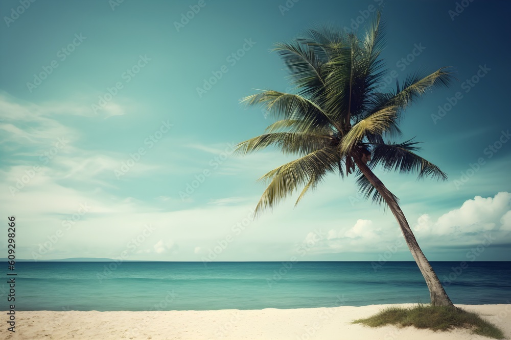 Coconut palm tree on the beach with sea and sky - obrazy, fototapety, plakaty 